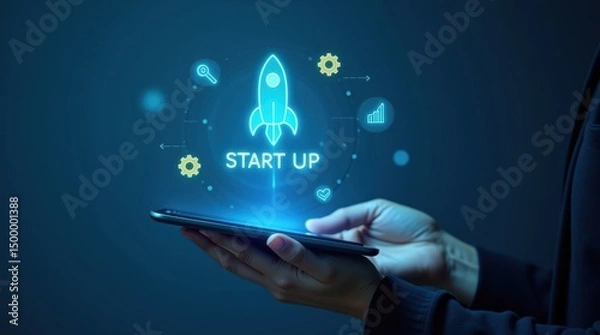 Fototapeta Digital startup concept displayed on a tablet.