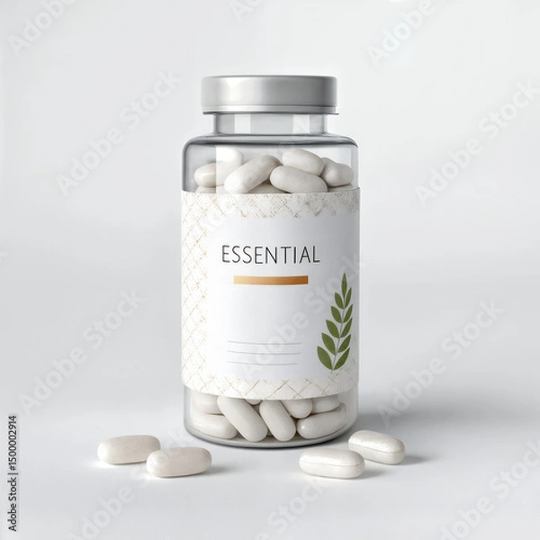 Fototapeta Bottle of essential pills isolated on white background with minimalist label design