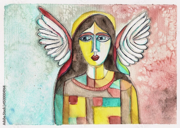 Obraz Watercolor Angel with Abstract Geometric Patterns and Wing. Modern Spiritual Art, hand-made watercolor