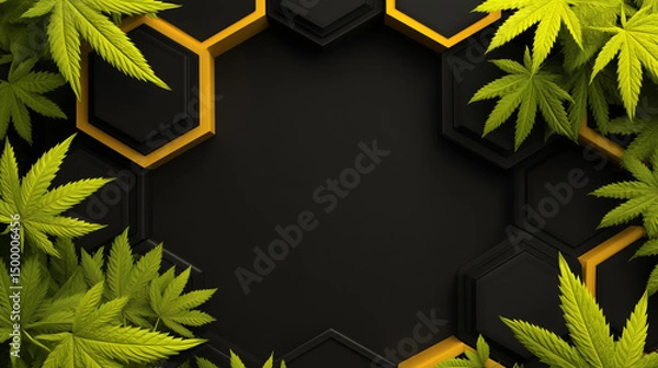 Fototapeta Matte black surface with hexagonal platforms, cannabis leaves on the edges of the frame. The center of the frame is only matte black for cannabis advertising. Illustration