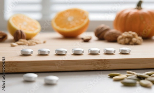 Obraz Vitamin Supplements Arranged with Fresh Oranges, Pumpkin, and Assorted Nuts on Wooden Cutting Board