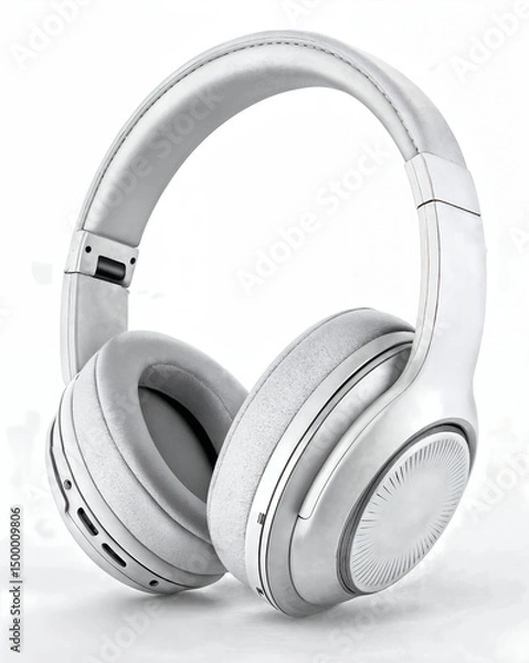Fototapeta White wireless headphones with soft earcups isolated on white background for listening to music