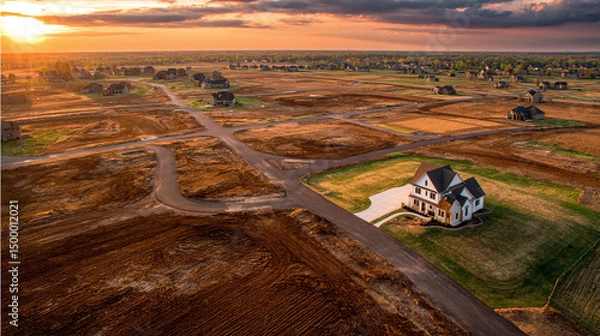 Obraz Aerial Drone View of Rural Landscape Transforming into Residential Development with New Roads and Farmland at Sunset