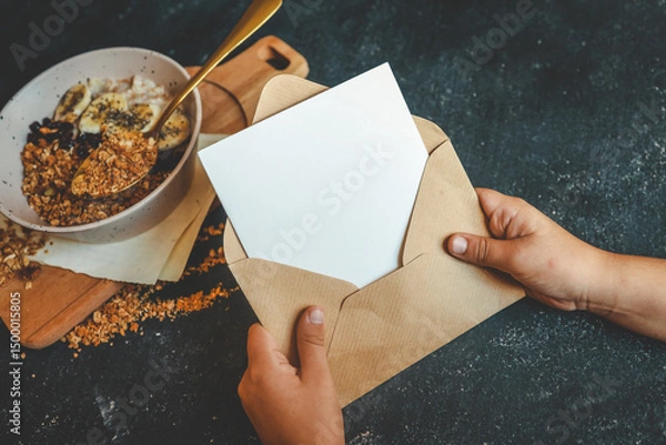 Obraz Hands holding kraft envelope with blank card next to bowl of granola and banana on dark rustic background. Cozy breakfast moment with handwritten note or greeting