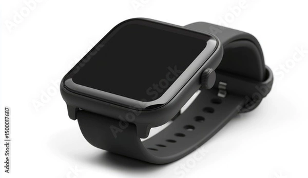 Fototapeta Gray smart watch, angled view.  Dark screen.  Silcone band.  Simple design