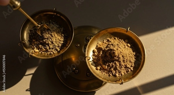 Fototapeta Herbal weights measuring balance in golden scales