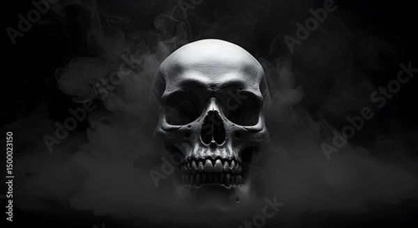 Fototapeta A skull surrounded by dark smoke against a black background in a dramatic and moody photograph