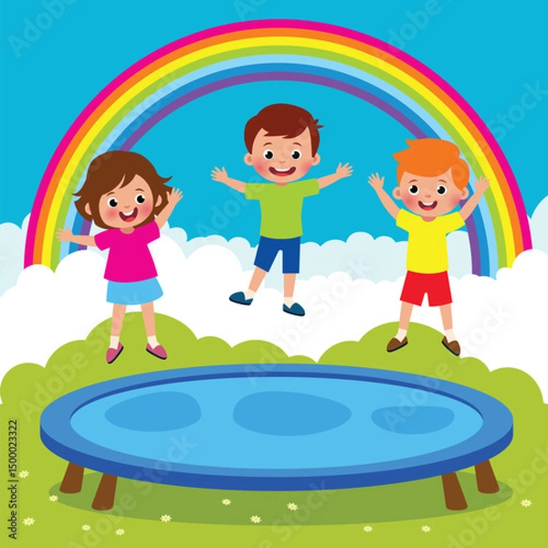 Obraz A cheerful illustration of three happy children jumping on a trampoline with a rainbow and clouds in the background.
