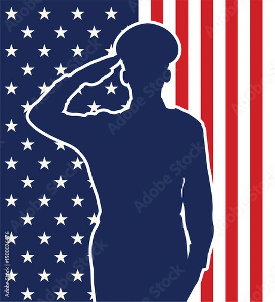 Fototapeta Patriotic soldier silhouette saluting against a bold American flag backdrop. Minimalist navy, red, and white design in profile view, facing left, with hand over heart.