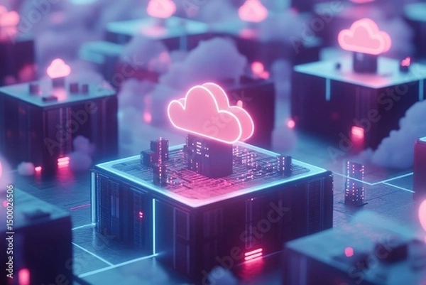 Fototapeta Abstract representation of cloud computing infrastructure, with glowing pink clouds atop dark metallic server cubes