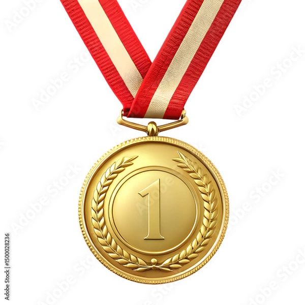 Fototapeta Gold medal with red ribbon isolated on white background