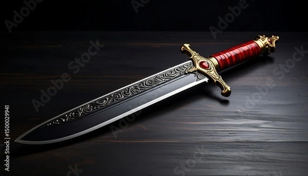 Obraz Ornate Dagger with Dark Wood Table.