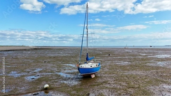 Fototapeta Blue-hulled boat beached on coastal flats during low tide under a spring sky