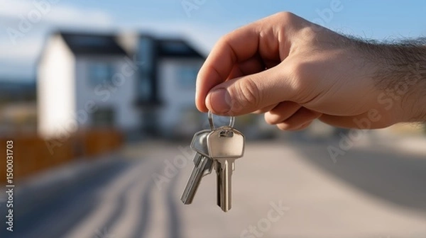 Obraz A close-up of a hand offering keys symbolizes the exciting journey of homeownership in front of a modern house