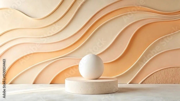 Obraz Abstract display podium with a white sphere and a layered wave pattern background