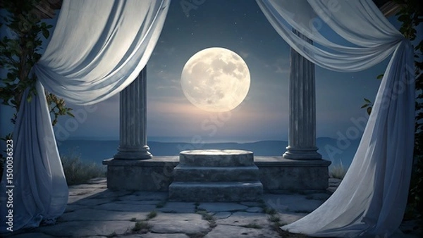 Obraz Majestic full moon rising over ancient ruins draped with flowing fabric at dusk