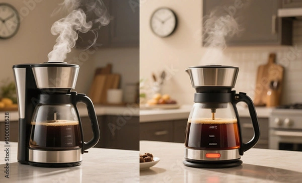 Obraz Side-by-Side Modern Coffee Makers with Transparent Thermal Carafes Showing Steam and Heat Retention in Cozy Kitchen Setting