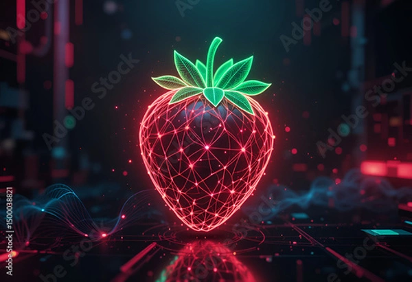 Fototapeta A sleek, futuristic strawberry logo made of digital wireframe mesh, glowing neon red and green, set against a dark tech-style background