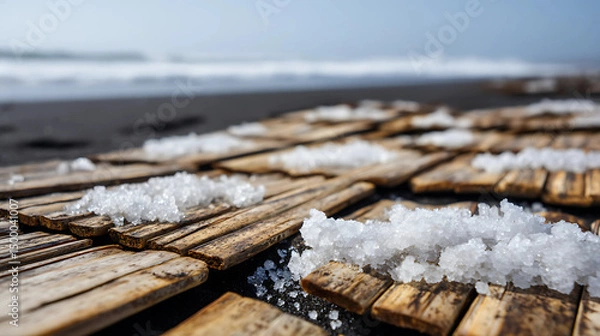 Obraz Close-up of Salt Crystals Forming on Weathered Wooden Slices with Blurred Ocean Background