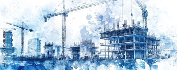 Fototapeta Watercolor illustration of a construction site with cranes and a skyscraper under construction