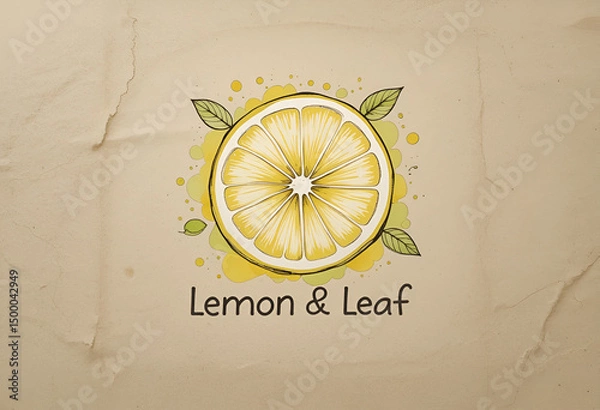 Fototapeta A hand-drawn logo of a lemon sliced in half, illustrated with pencil sketch outlines