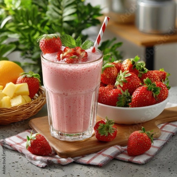 Fototapeta A refreshing strawberry smoothie is placed on a wooden board with a straw and mint, along with fresh strawberries and pine chunks, creating a tasty treat.