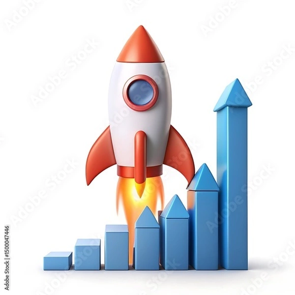 Fototapeta 3d rendering of a rocket launching upwards beside an ascending bar graph representing business growth isolated on white background