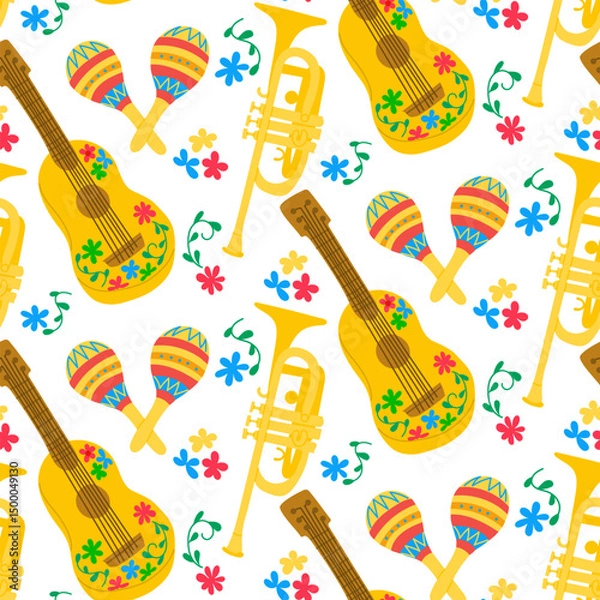 Fototapeta Seamless pattern with mariachi guitars, maracas, trumpets and colorful flowers on white background. This vector represents Mexican culture, folk music and festive celebration