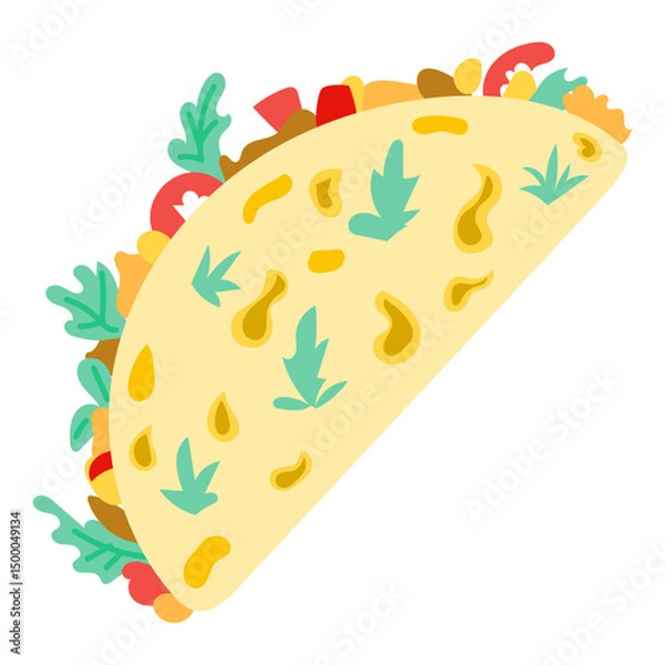 Fototapeta Flat vector illustration of a taco filled with vegetables, meat and herbs on white background. This vector represents Mexican cuisine, fast food and street food culture