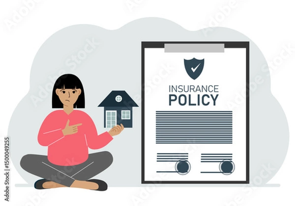 Fototapeta A woman holds in his hands at home next to a large insurance contract. Home and real estate insurance concept.