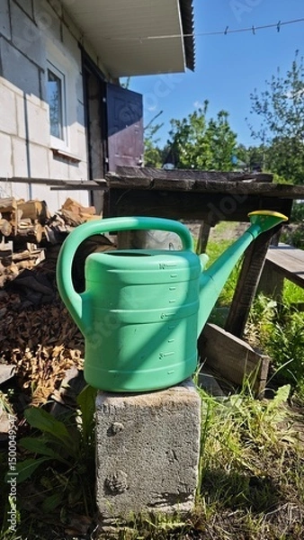 Fototapeta Green plastic watering can standing on a concrete block near a wooden shed in a sunny garden. Concept of rural simplicity and gardening essentials
