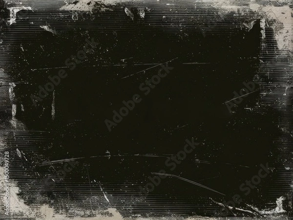 Fototapeta Abstract black texture with a distressed, grunge effect. Faint white lines and worn edges create a dramatic, aged appearance on a dark background.