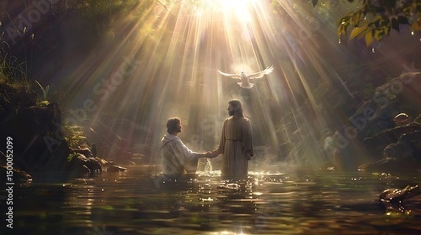 Obraz Jesus being baptized by John in the Jordan River, dove descending from the sky, peaceful and radiant atmosphere.