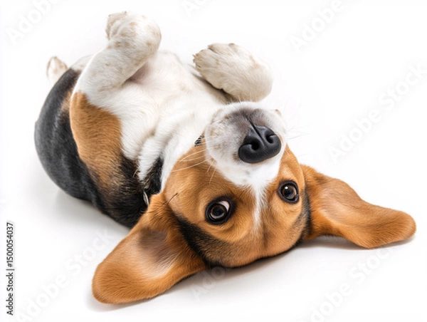 Obraz Beagle lying upside down on a white background