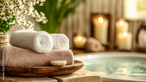 Obraz Spa still life with candles, towels, and flowers