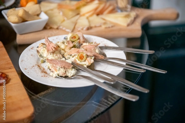 Fototapeta Delicious Italian antipasti selection served with olives, cold cuts, and cheese varieties
