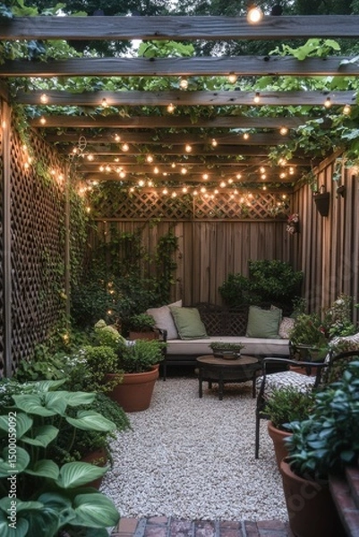 Fototapeta Cozy garden nook with string lights and lush greenery creates a tranquil evening retreat in an urban backyard