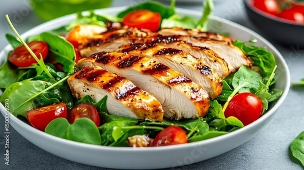 Fototapeta Sliced grilled chicken lies atop a salad with spinach and tomatoes in a white bowl.