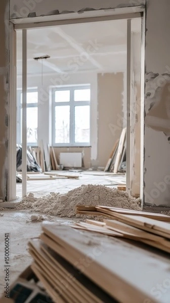 Fototapeta Construction work highlights renovation process in empty room with debris and stacked materials during daylight hours
