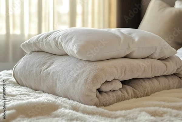 Fototapeta Soft blanket and pillow resting on comfortable bed in bedroom