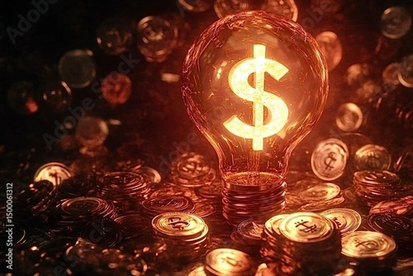 Obraz Light bulb with dollar sign illuminating bitcoins: innovative financial idea