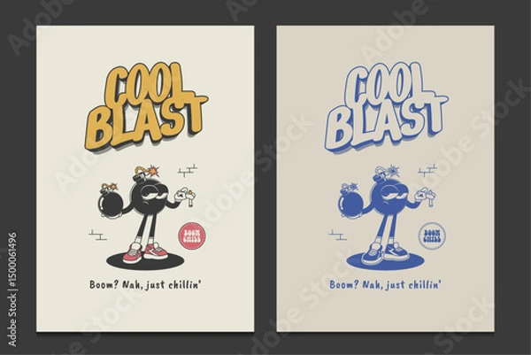 Obraz retro poster or graphic t-shirt design with a cartoon bomb character in chill vibes, vector illustration
