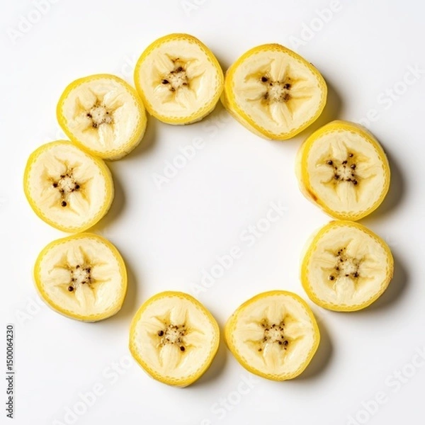 Obraz Banana slices arranged in circle on white background