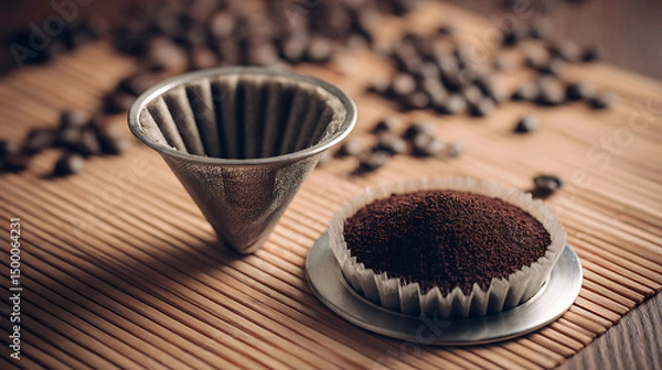 Obraz Traditional Cloth and Metal Coffee Filters with Fresh Ground Coffee and Scattered Beans on Bamboo Mat