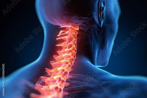 Fototapeta A high-impact health illustration shows a stressed figure with highlighted spinal vertebrae. The visual metaphor of pain and stress supports medical, ergonomic, or therapeutic messaging.