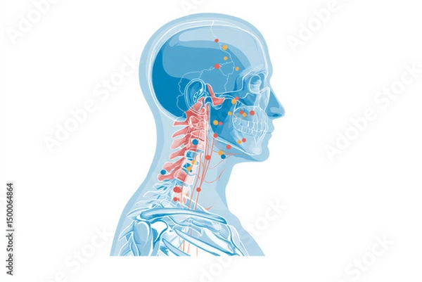 Fototapeta Minimalist medical chart depicting neck pain with pressure zones linked to lifestyle habits. Clear reference for understanding tech-related stress and neck misalignment in professional or home care gu