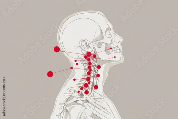 Obraz This educational diagram outlines cervical spine pain zones, pressure hotspots, and underlying causes like poor posture or whiplash. Ideal for clinics, physiotherapy practices, 