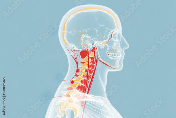 Fototapeta Anatomical diagram showing pressure points and pain zones in the neck, designed to explain common issues like tech neck, whiplash, and poor sleep posture in clinical and educational environments.
