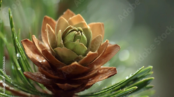 Obraz Close-up of Brown Pinecone Gradually Opening with Green Pine Needles in Natural Sunlight Against Blurred Forest Background