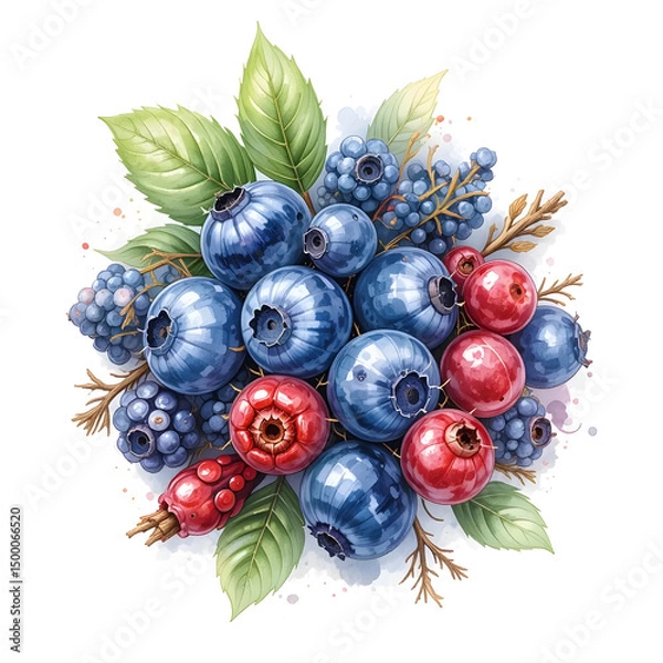 Fototapeta Luscious Berry Arrangement with Leaves on White Background